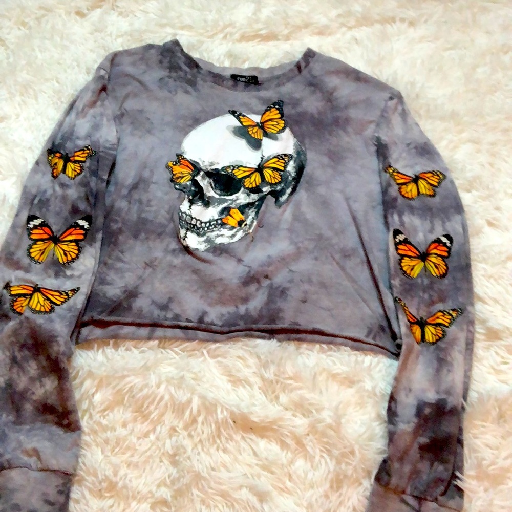 Black and gray tie dye butterfly Rue 21 crop top